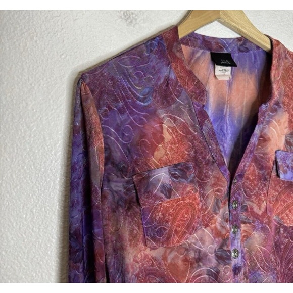 Y2K Embroidered Tie Dye Top Henley Womens Medium Petite Purple Pink Artsy Blouse - Picture 8 of 11